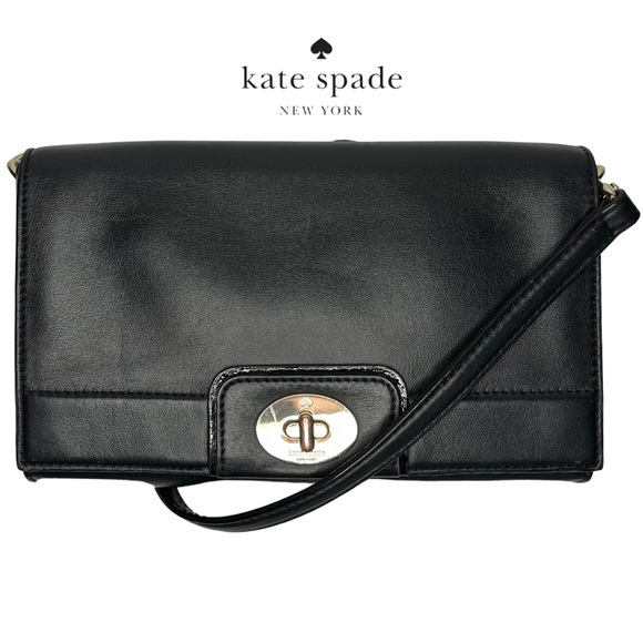 Kate Spade | Smooth Black Leather Turn Lock Crossbody Bag - Picture 1 of 10
